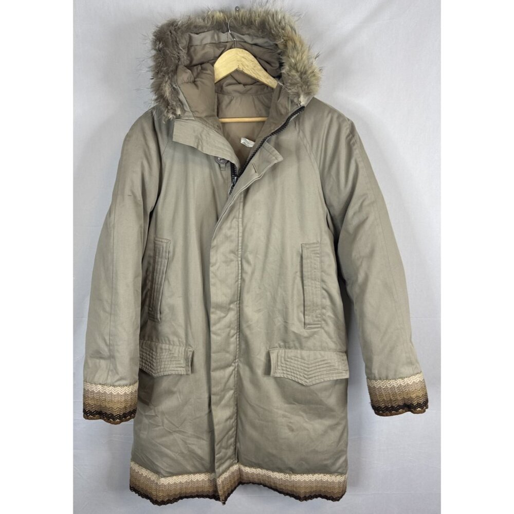 Vintage Down Parka Real Fur Hood Men’s 38 Beige Knit Trim 80s Warm